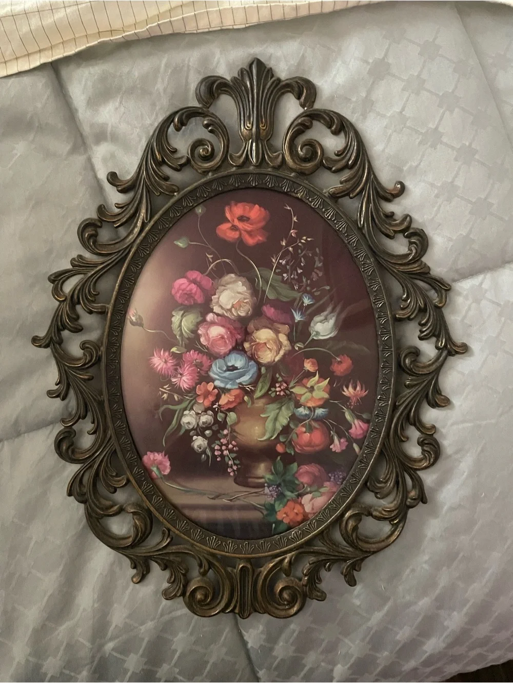 Ornate Bronze Floral Oval Frame Wall Art - Multicolor